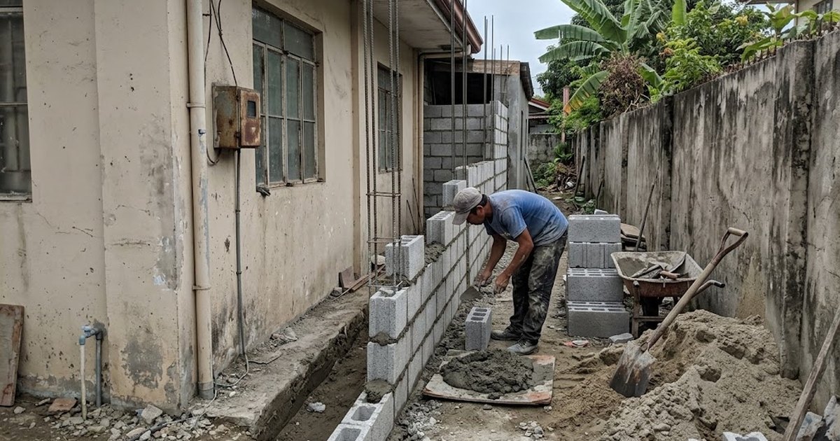 New hollow block room extension being built beside an existing concrete house in the Philippines