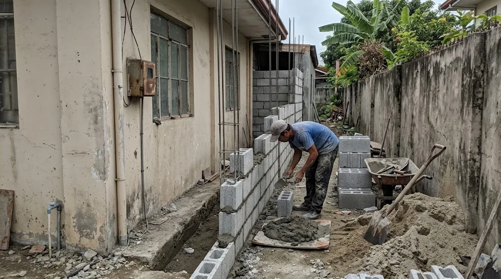 New hollow block room extension being built beside an existing concrete house in the Philippines