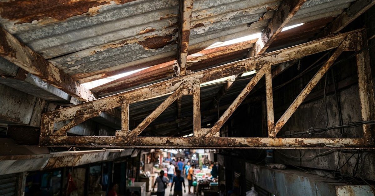 Close view of rust-streaked steel C-purlins and roof sheet laps under the roof of an old building in a coastal Philippine town