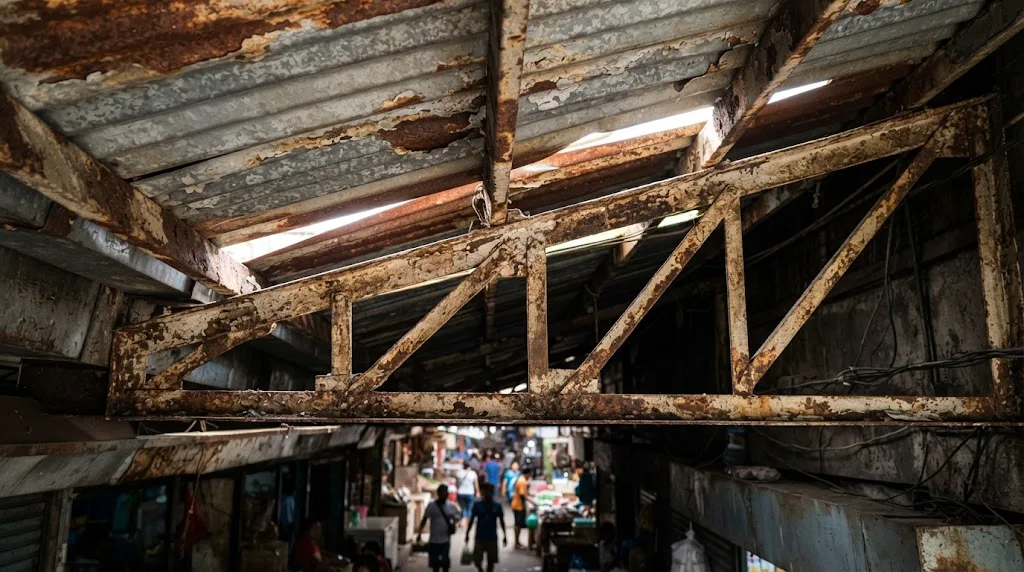 Close view of rust-streaked steel C-purlins and roof sheet laps under the roof of an old building in a coastal Philippine town