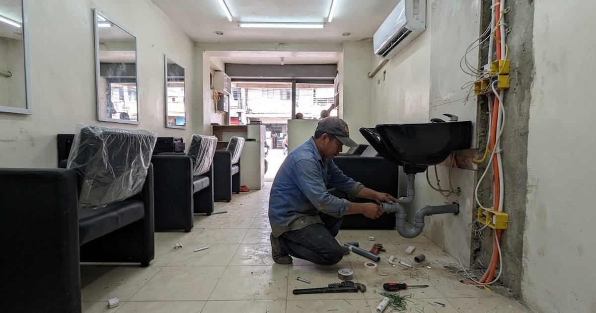 Plumber connecting the drain under a salon shampoo bowl
