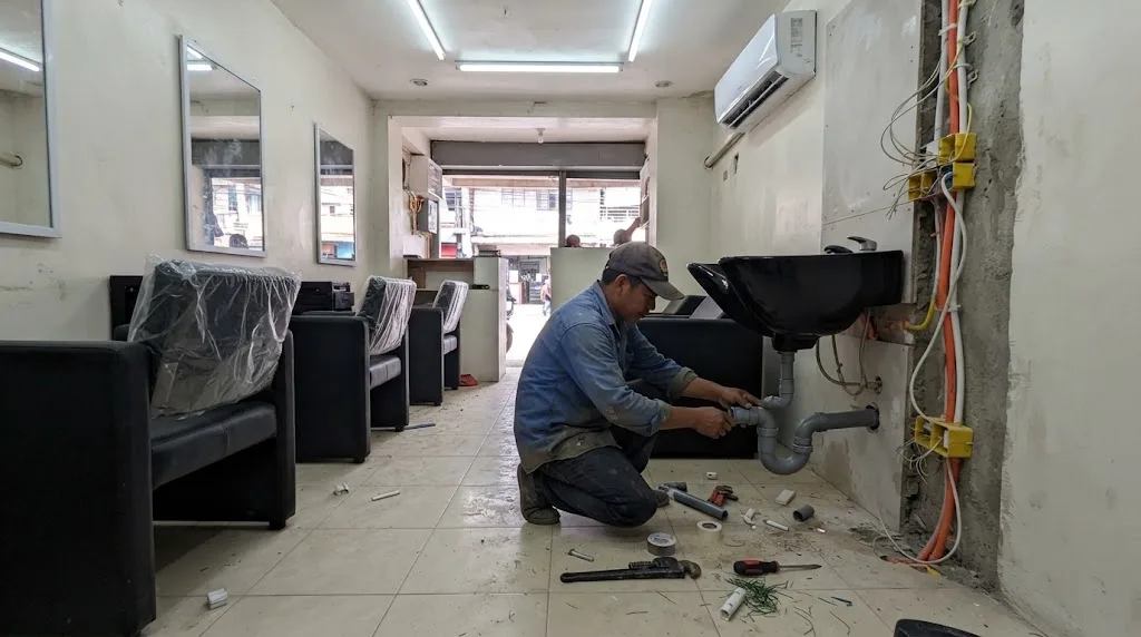 A plumber connecting the drain and P-trap under a shampoo bowl in a hair salon being fitted out, with plastic-wrapped styling chairs, mirrors and new conduit in an open wall chase