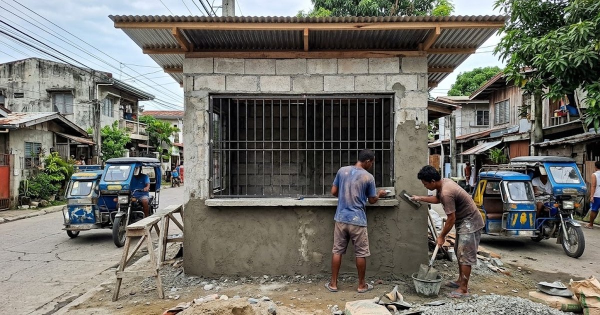 Masons plastering the walls of a small roadside sari-sari store building