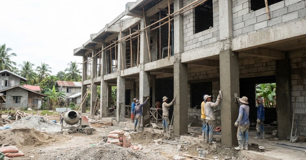 Workers plastering the corridor columns of a classroom building under construction