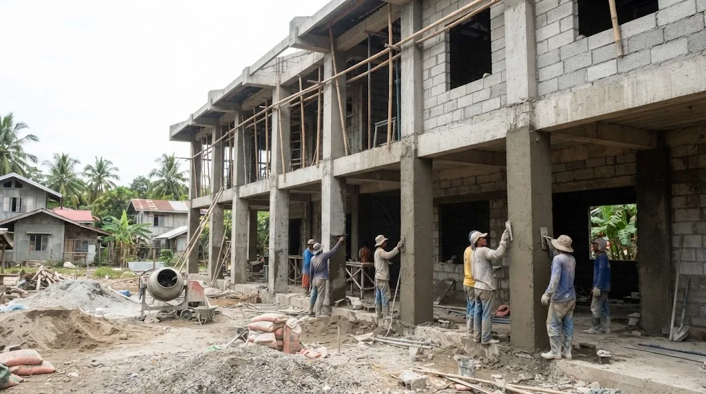 A multi-storey concrete classroom building under construction, with workers plastering the corridor columns and scaffolding along the front
