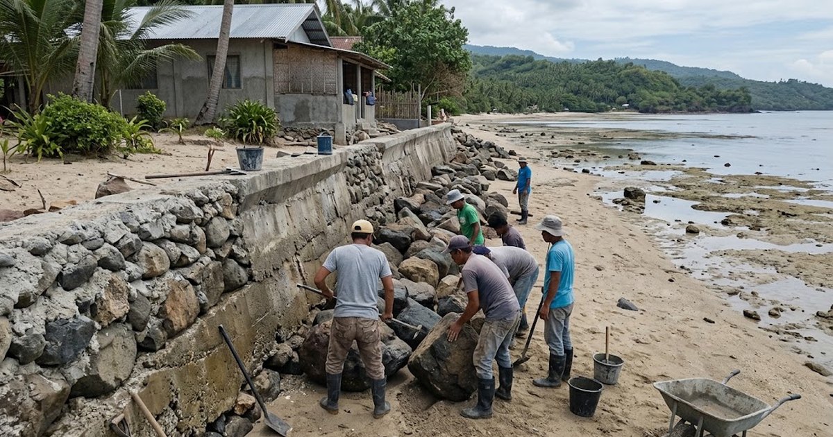 Concrete and rubble seawall protecting a beachfront house lot on a Negros Oriental shoreline at low tide, Filipino workers placing boulders at the toe