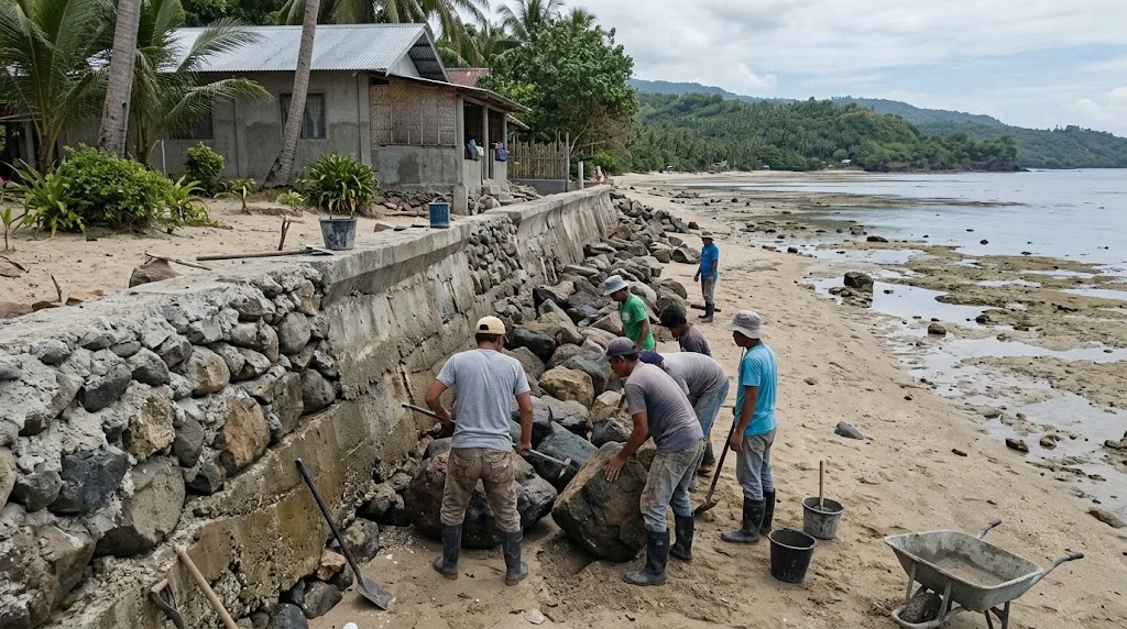 Concrete and rubble seawall protecting a beachfront house lot on a Negros Oriental shoreline at low tide, Filipino workers placing boulders at the toe