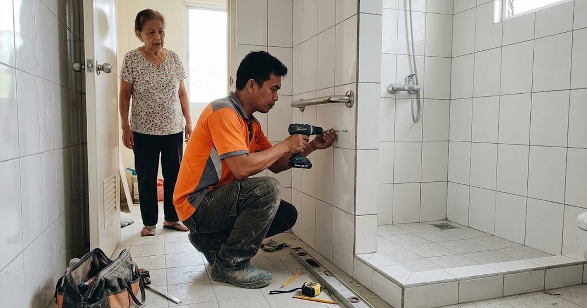 Filipino worker installing a stainless grab bar beside a newly tiled walk-in shower in a home bathroom, elderly woman watching from the doorway