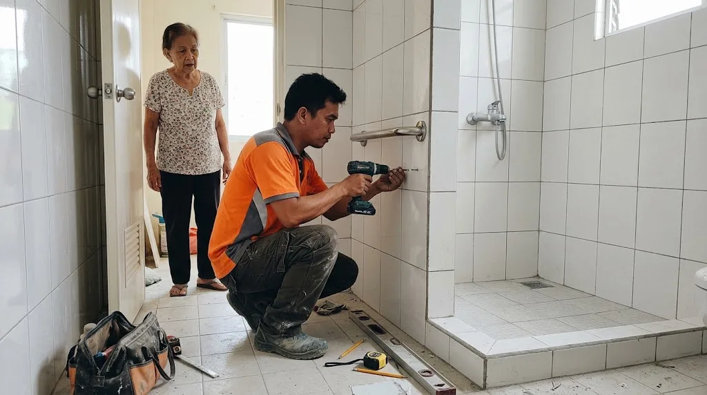 Filipino worker installing a stainless grab bar beside a newly tiled walk-in shower in a home bathroom, elderly woman watching from the doorway