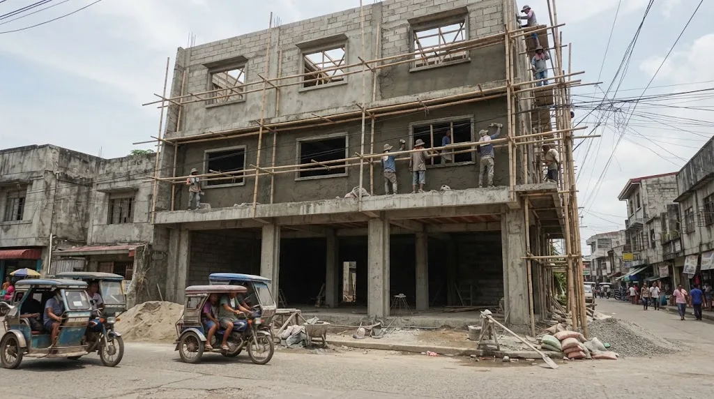 A three-storey mixed-use building under construction, with ground-floor store fronts and residential windows on the floors above