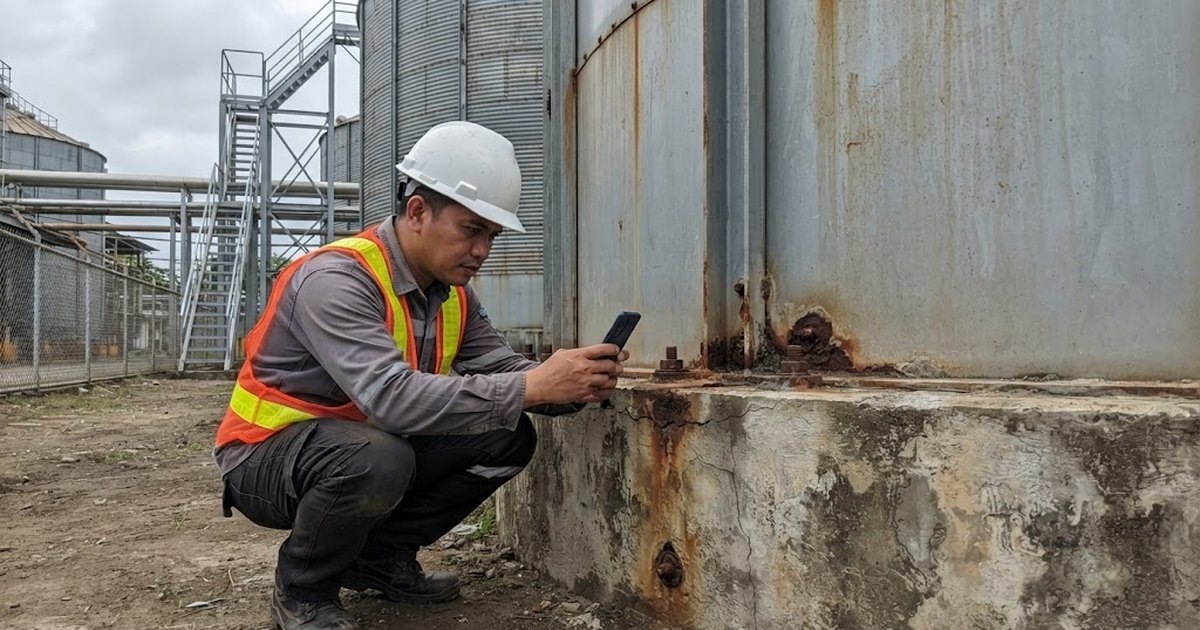 Engineer photographing rust and a crack at the concrete base and anchor bolts of a steel storage silo