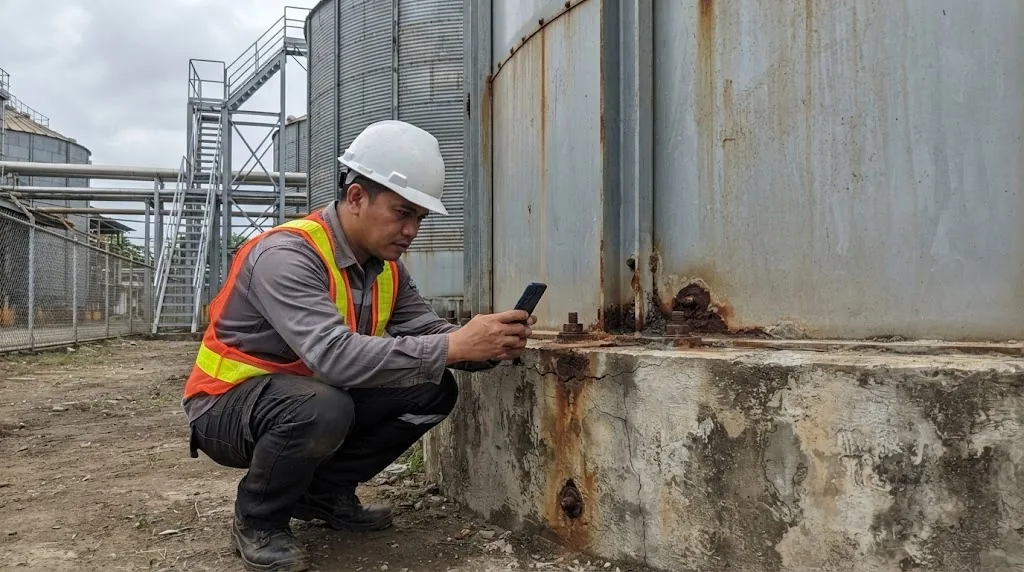 Engineer photographing rust and a crack at the concrete base and anchor bolts of a steel storage silo