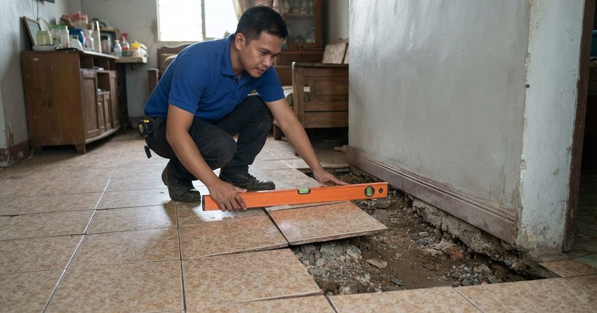 Engineer checking a sunken, cracked tiled floor with a spirit level next to a wall