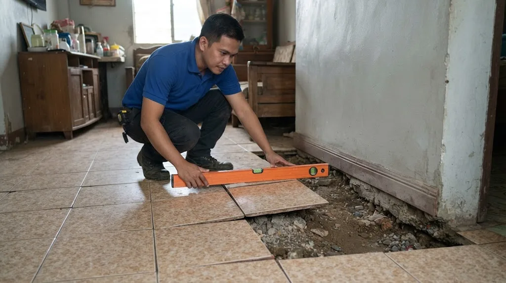 Engineer in a blue polo crouching with an orange spirit level on a tiled floor where tiles have lifted and sunk near the base of a wall, exposing soil and gravel underneath