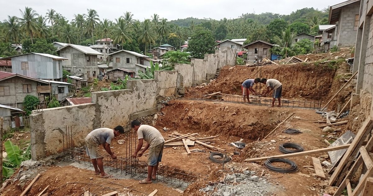 Workers tying footing rebar on a sloping lot beside a stepped retaining wall