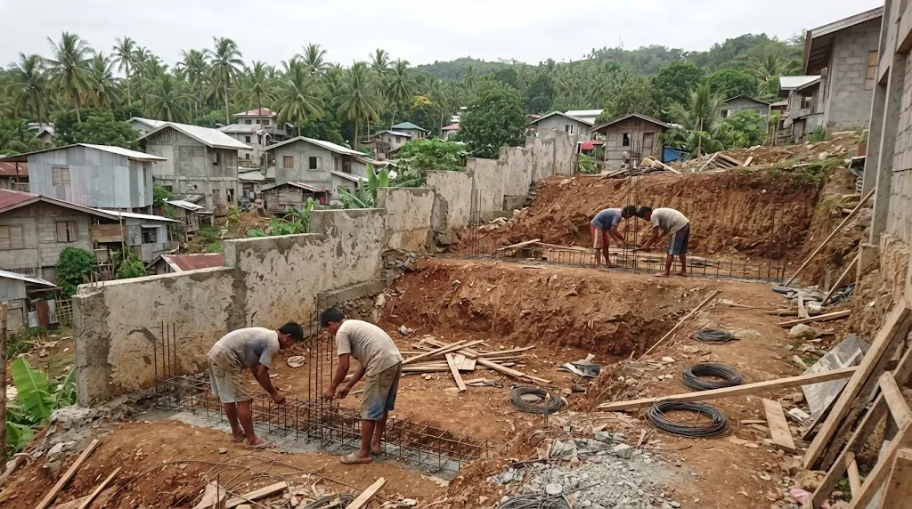 A house foundation being built on a sloping lot, with a stepped concrete retaining wall and workers tying rebar for the footings