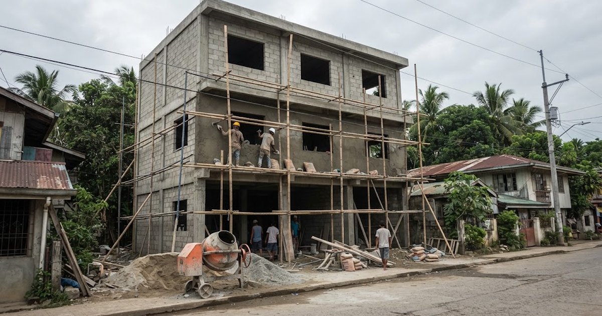 Three-storey concrete inn under construction on a provincial street
