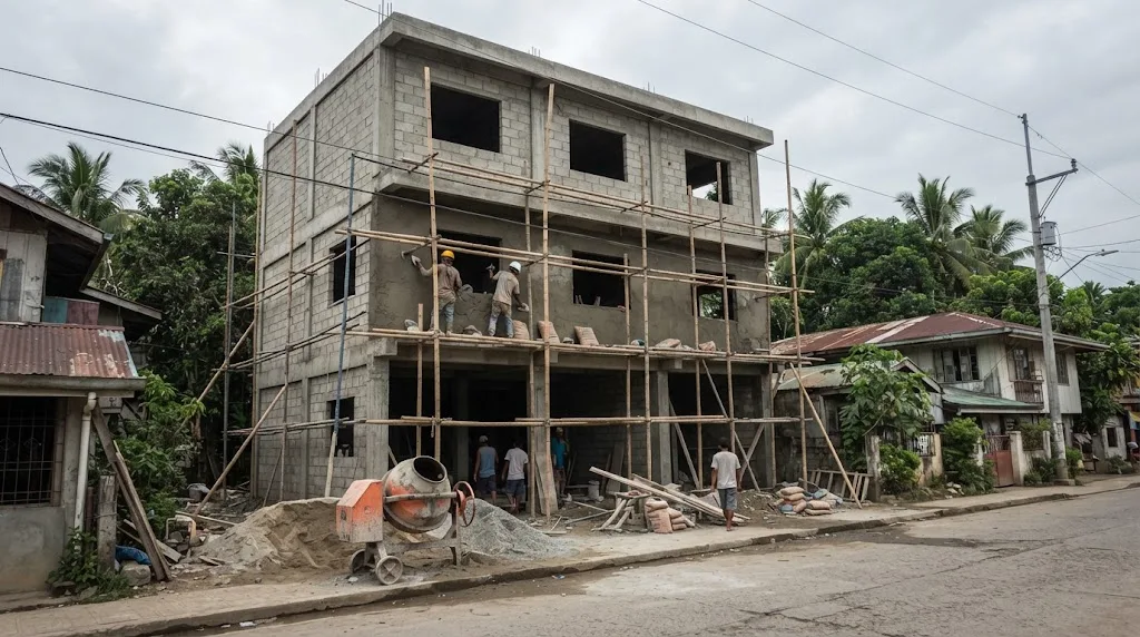 A three-storey concrete inn under construction on a provincial Philippine street, with bamboo scaffolding, workers plastering the walls and a cement mixer out front