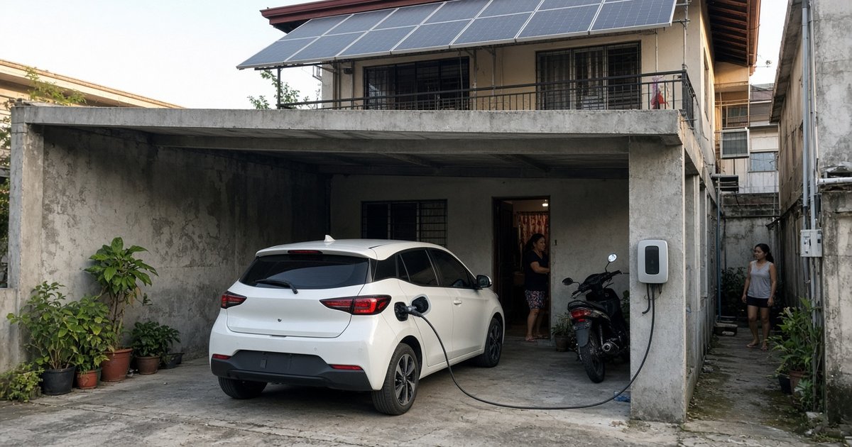 Electric car plugged into a wall charger in the carport of a Filipino house with solar panels on the roof above