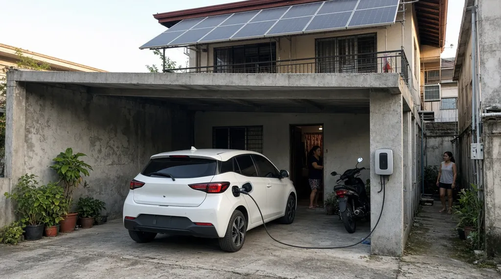 Electric car plugged into a wall charger in the carport of a Filipino house with solar panels on the roof above