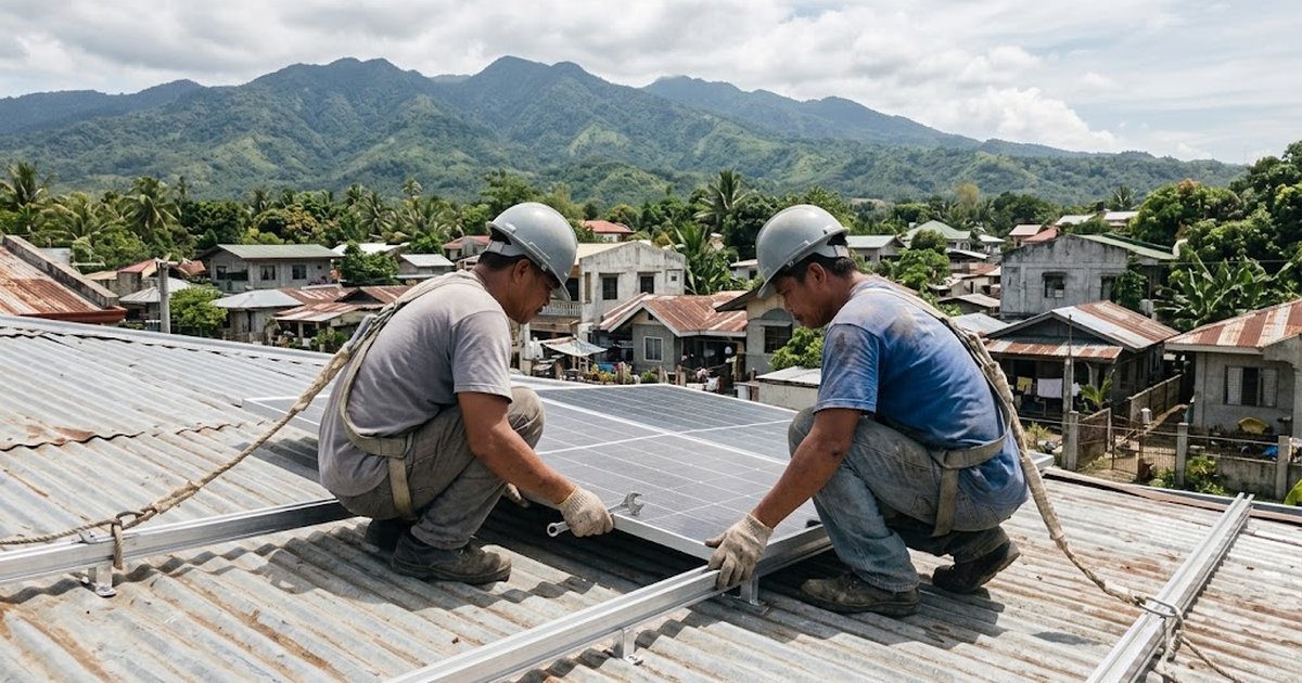 Filipino installers mounting solar panels on aluminum rails on a metal roof of a house in a Negros Oriental town, mountains in the background