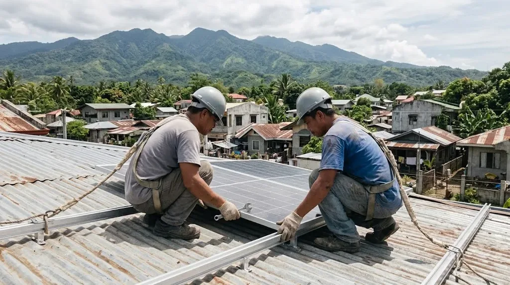 Filipino installers mounting solar panels on aluminum rails on a metal roof of a house in a Negros Oriental town, mountains in the background