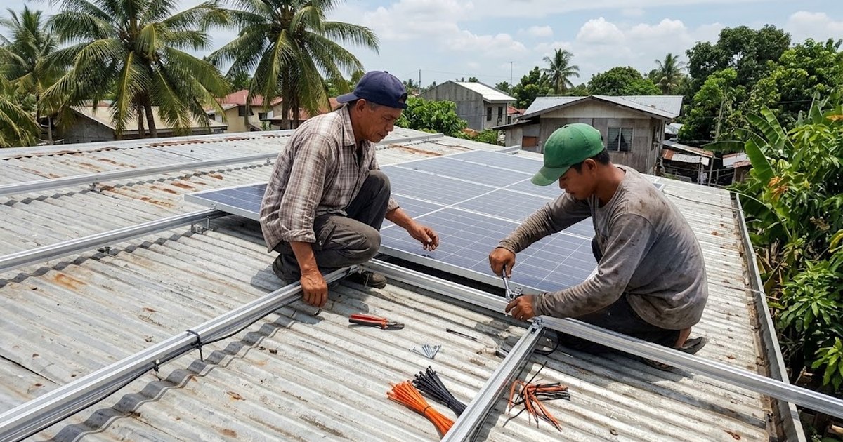Installers fixing solar panel mounting rails on a corrugated metal roof