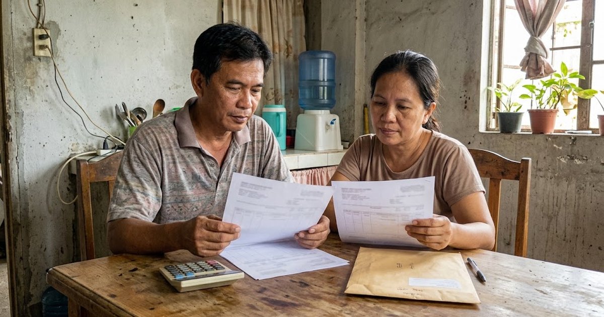 Filipino homeowner couple comparing printed solar installer quotations at a dining table with a calculator and an electric bill