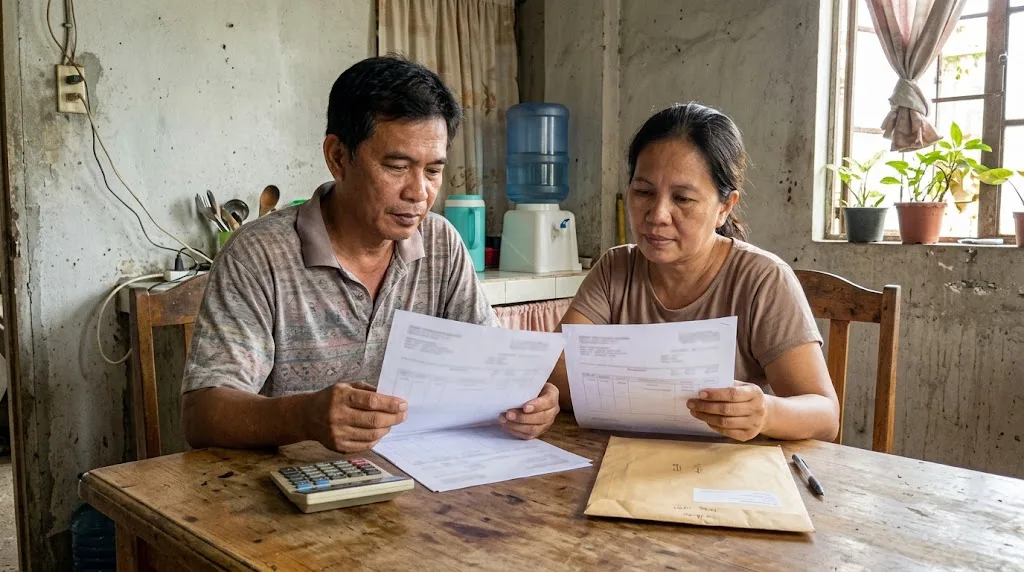Filipino homeowner couple comparing printed solar installer quotations at a dining table with a calculator and an electric bill