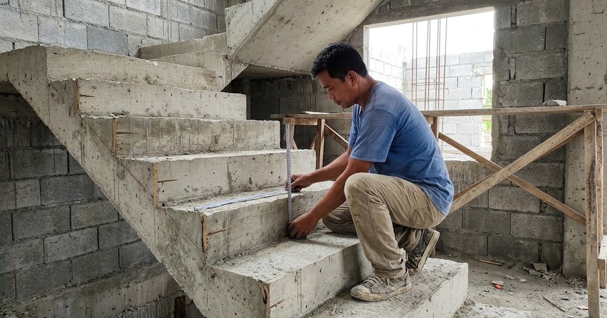 Carpenter measuring the riser height of an unfinished concrete stair in a Philippine house under construction