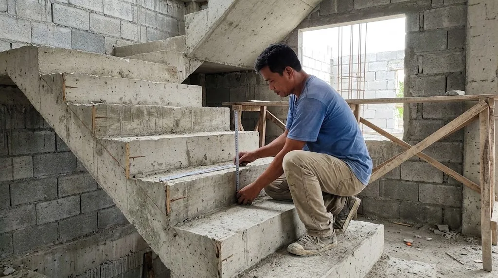 Carpenter measuring the riser height of an unfinished concrete stair in a Philippine house under construction