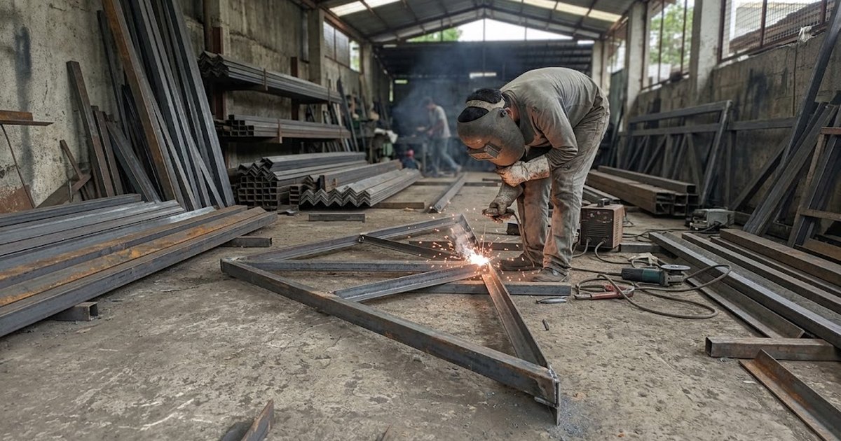 Steel fabrication shop in the Philippines with welded roof truss sections laid out and a welder working