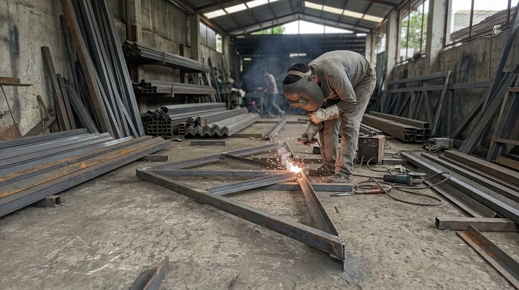 Steel fabrication shop in the Philippines with welded roof truss sections laid out and a welder working