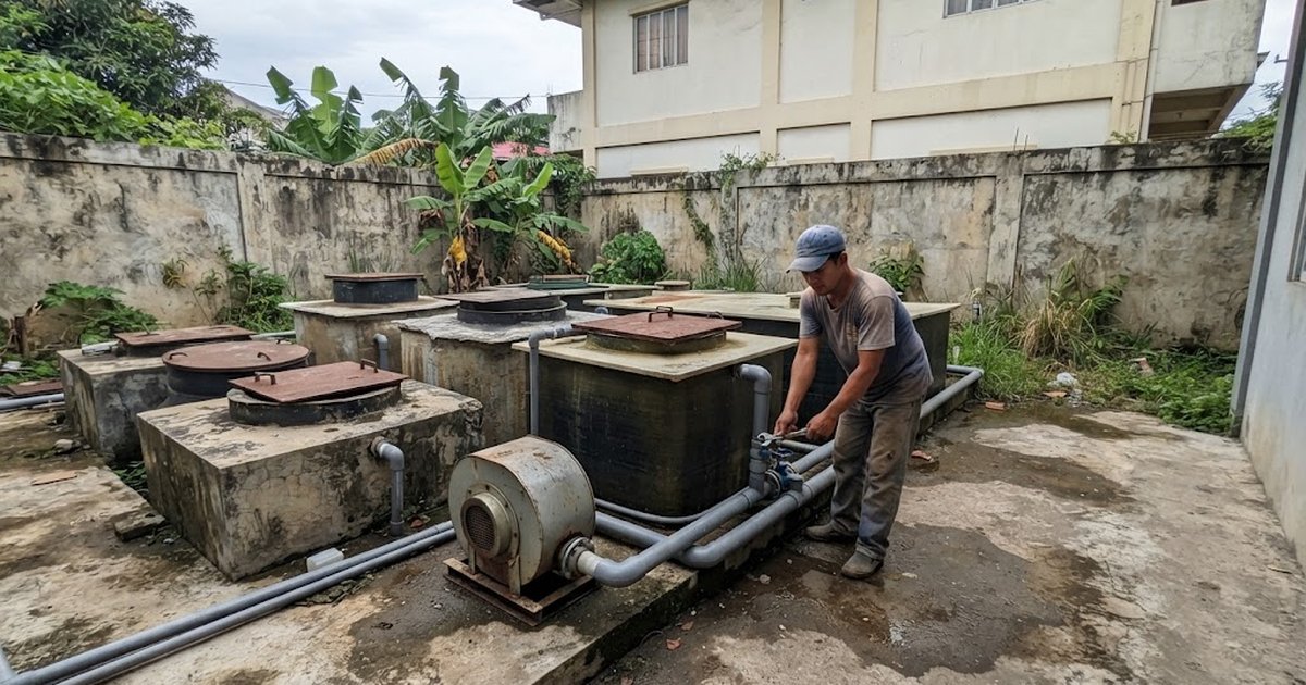 Compact packaged sewage treatment plant tanks beside a commercial building