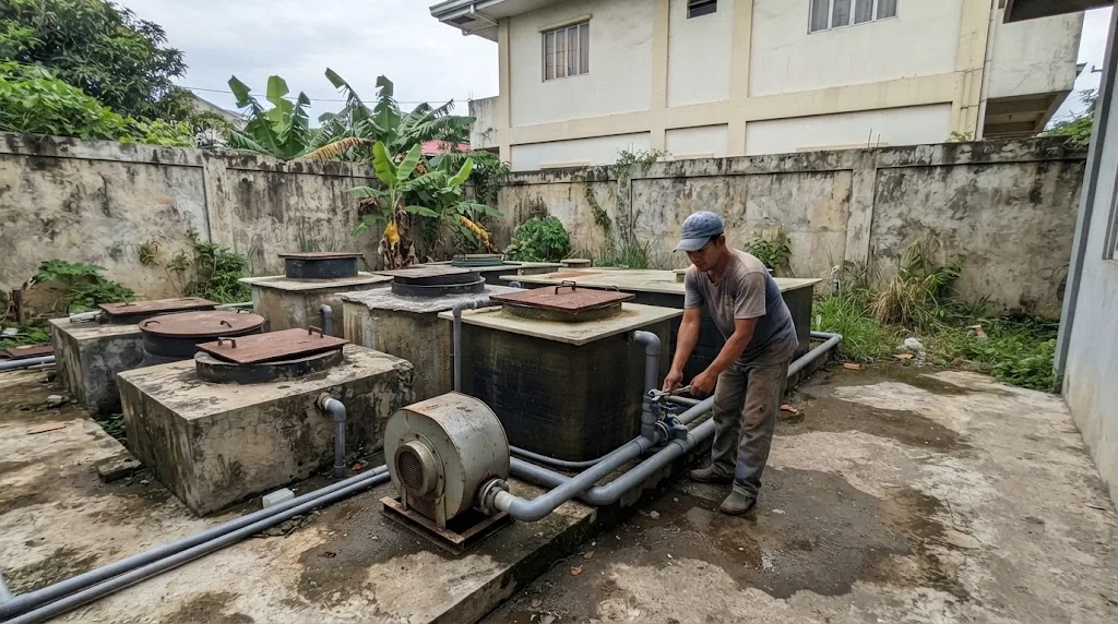 Compact packaged sewage treatment plant tanks and blowers installed beside a commercial building