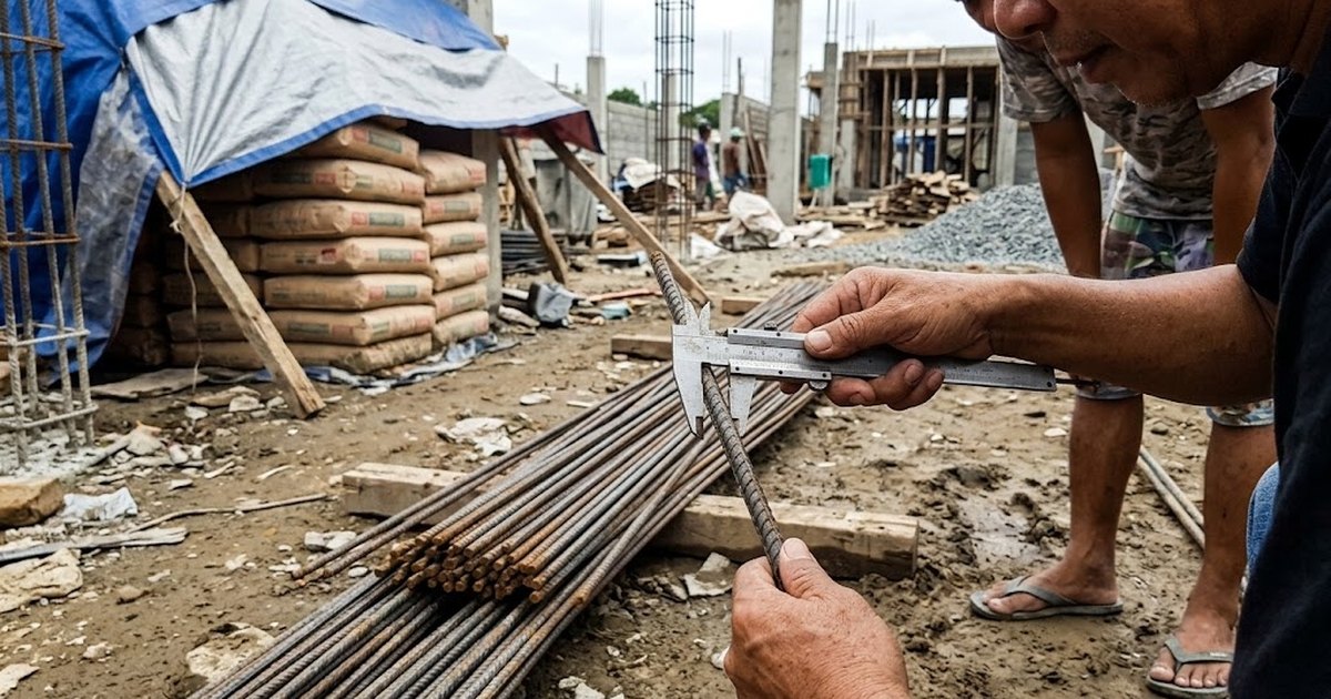 Site engineer using a caliper to check the diameter of a steel reinforcing bar on a house construction site