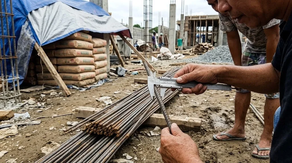 Site engineer using a caliper to check the diameter of a steel reinforcing bar on a house construction site