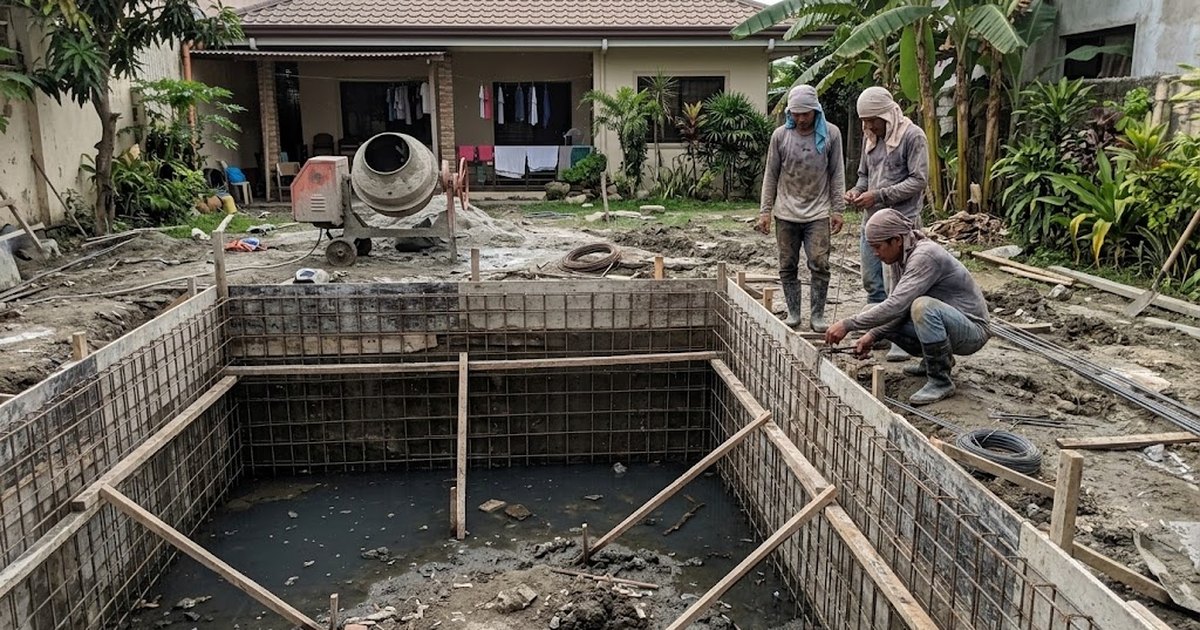 Workers tying rebar for a swimming pool shell being built in a residential yard