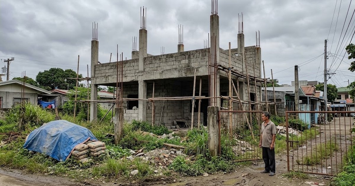 Abandoned half-built two-storey concrete house with exposed rebar and an overgrown site in the Philippines