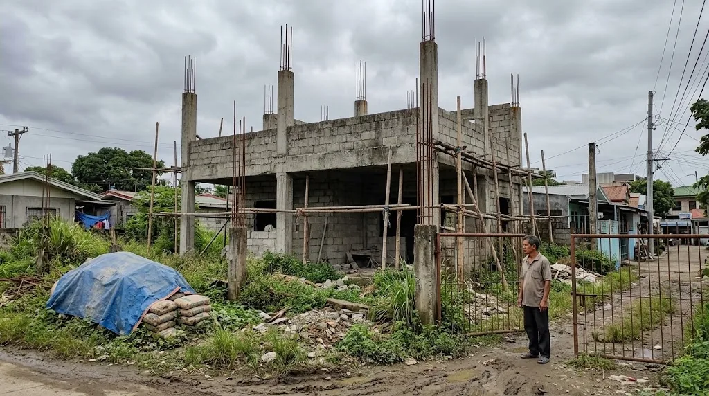 Abandoned half-built two-storey concrete house with exposed rebar and an overgrown site in the Philippines
