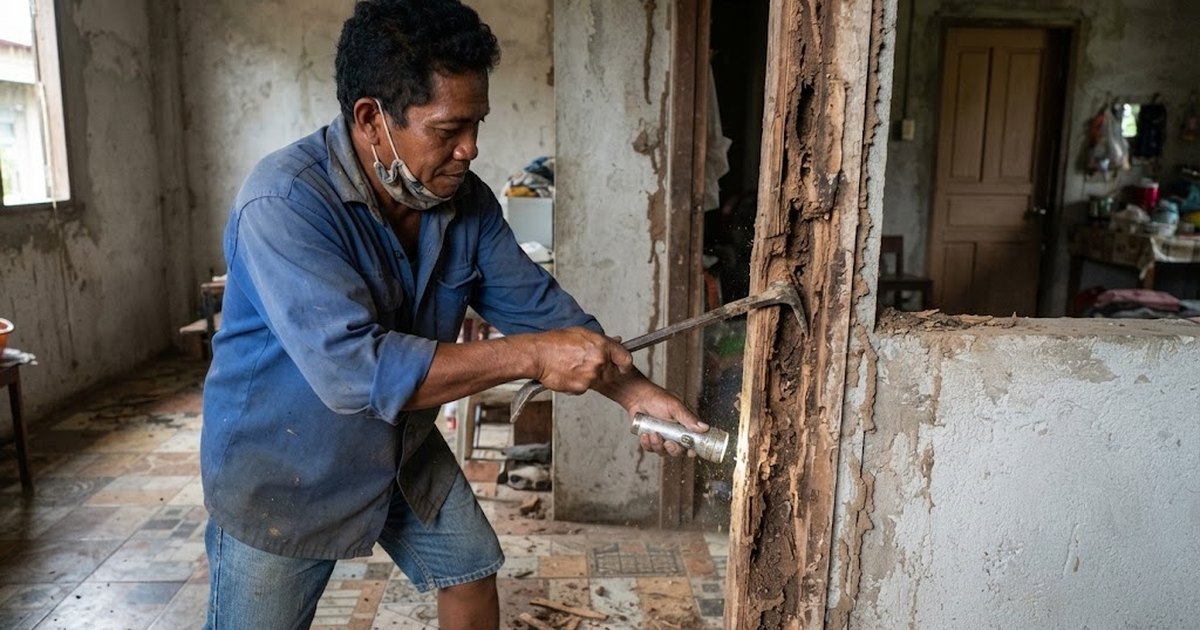 Carpenter prying off a termite-hollowed wooden door jamb in an older Philippine house