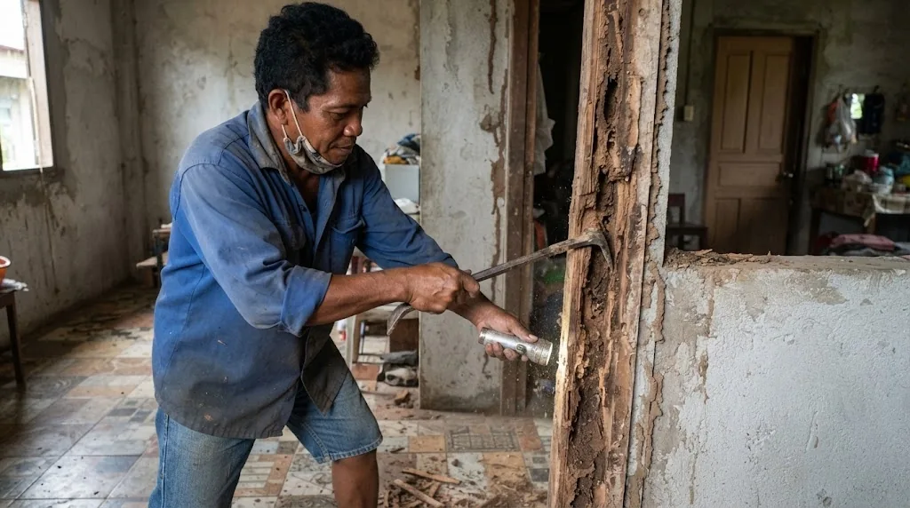 Carpenter prying off a termite-hollowed wooden door jamb in an older Philippine house