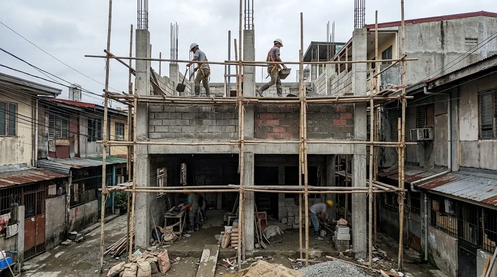 Three-storey concrete house under construction on a narrow Philippine city lot with scaffolding and CHB walls