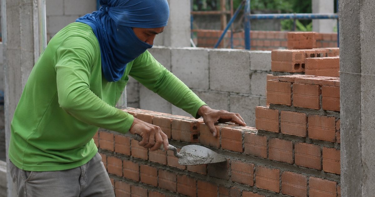 Masons building a hollow block wall