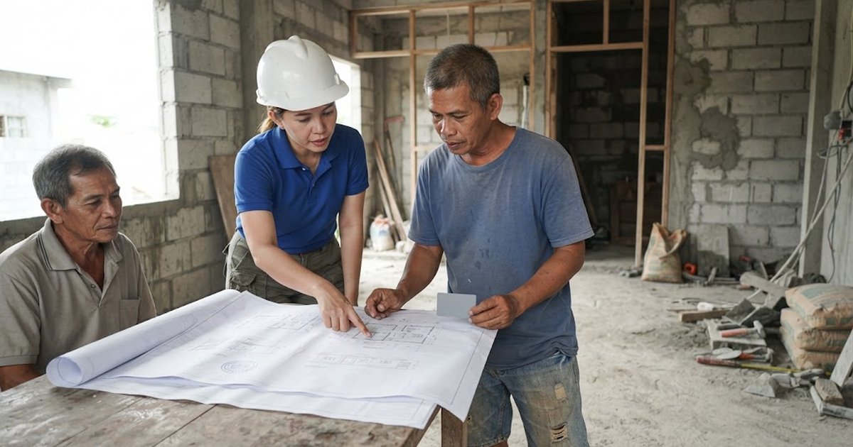 Homeowner checking a professional ID card and a set of sealed building plans on a table with a site engineer
