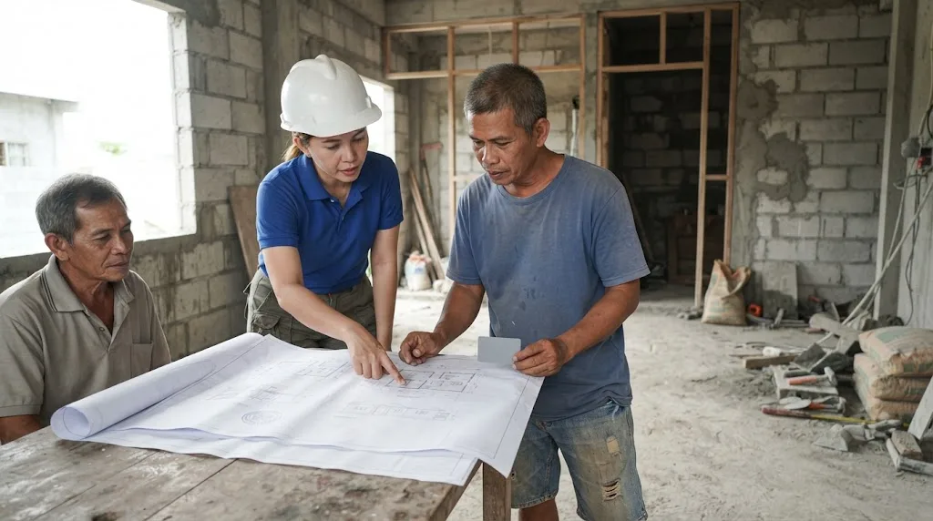 Homeowner checking a professional ID card and a set of sealed building plans on a table with a site engineer