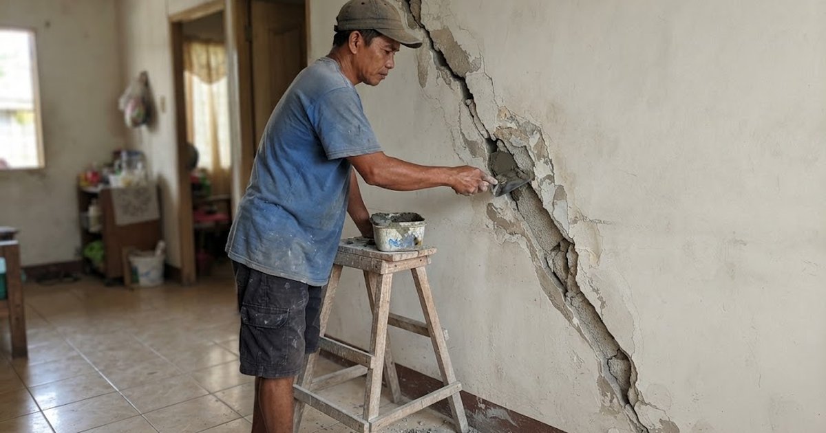 Mason patching a long diagonal crack in a plastered wall inside a house in the Philippines