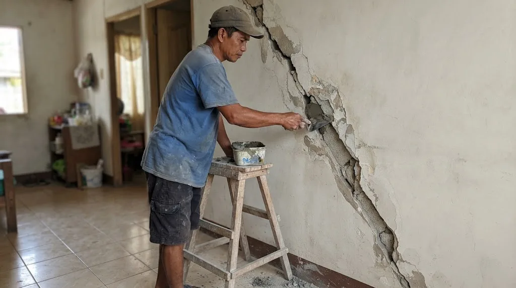 Filipino mason in a cap standing at a wooden stool with a mortar tub, troweling mortar into a long, wide diagonal crack in a plastered interior wall above a tiled floor