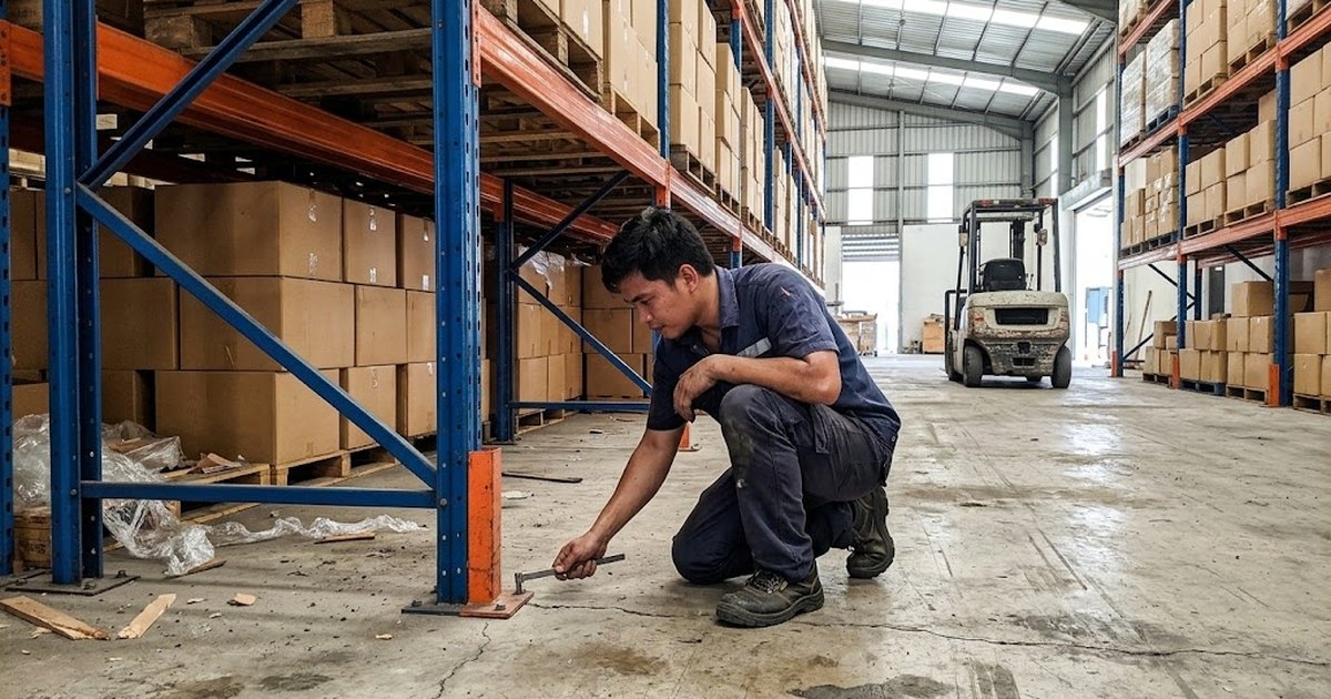 Engineer inspecting the base of a steel pallet rack on a warehouse floor slab