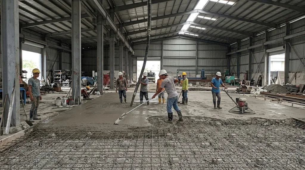 Workers placing and screeding a concrete warehouse floor slab in the Philippines with rebar mesh and a power trowel